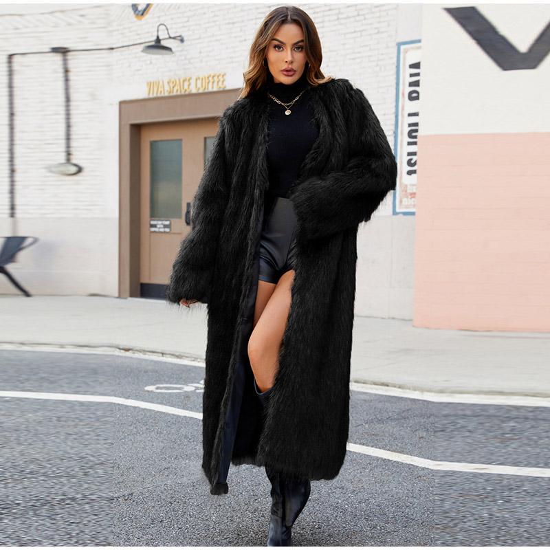 Женские шубы из искусственного меха с длинным рукавом, с открытым швом, длинные куртки с V-образным вырезом, плотное пальто, элегантная женская верхняя одежда на осень и зиму
