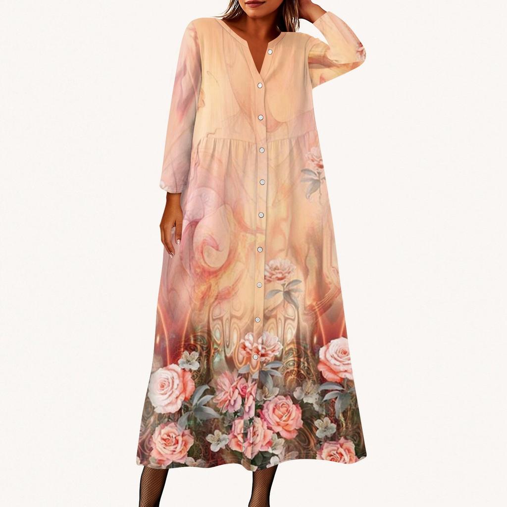 Женское модное платье-рубашка свободного кроя с принтом, круглым вырезом и рукавами семь четвертей на пуговицах