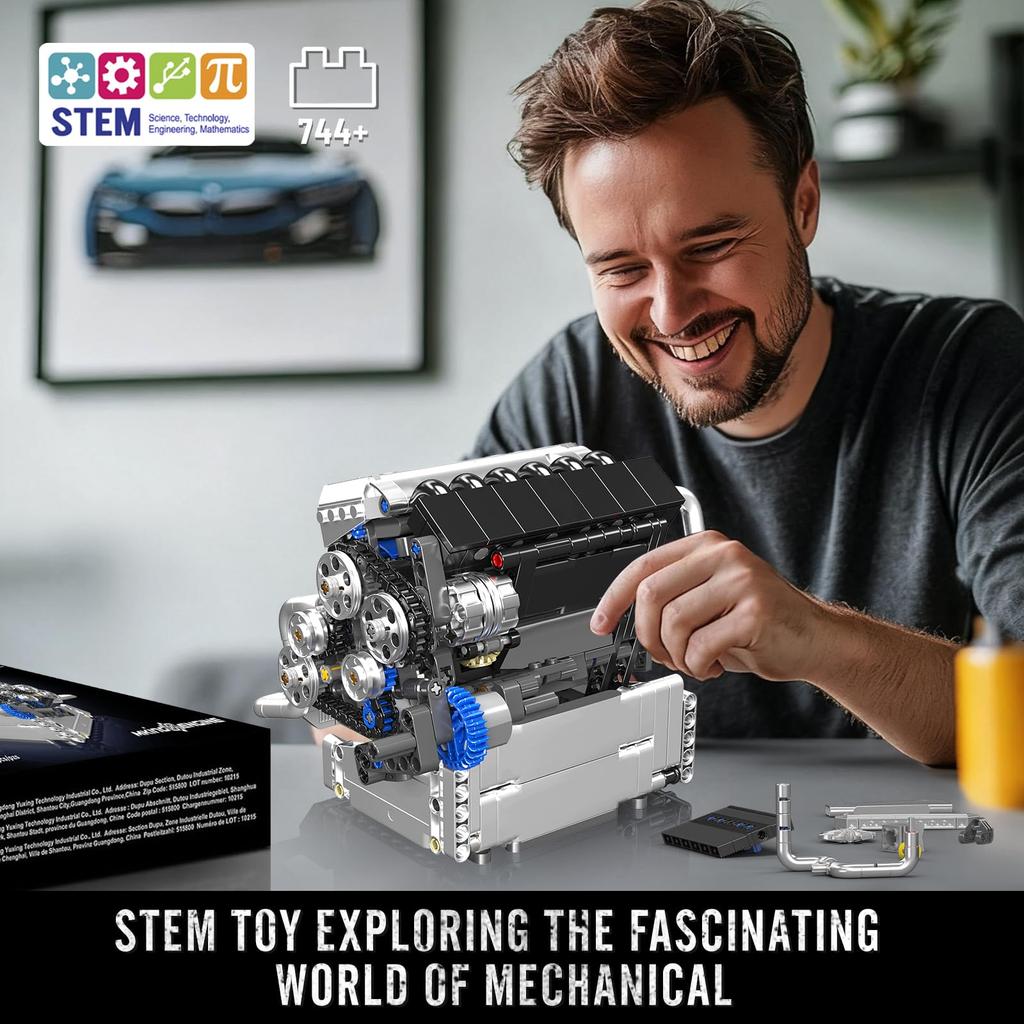 Mould King 10213 Car Engine Building Block Model Kit, 744 Pieces – Realistic Engine Toy, Great for STEM Learning & Gifting, Ages 14+