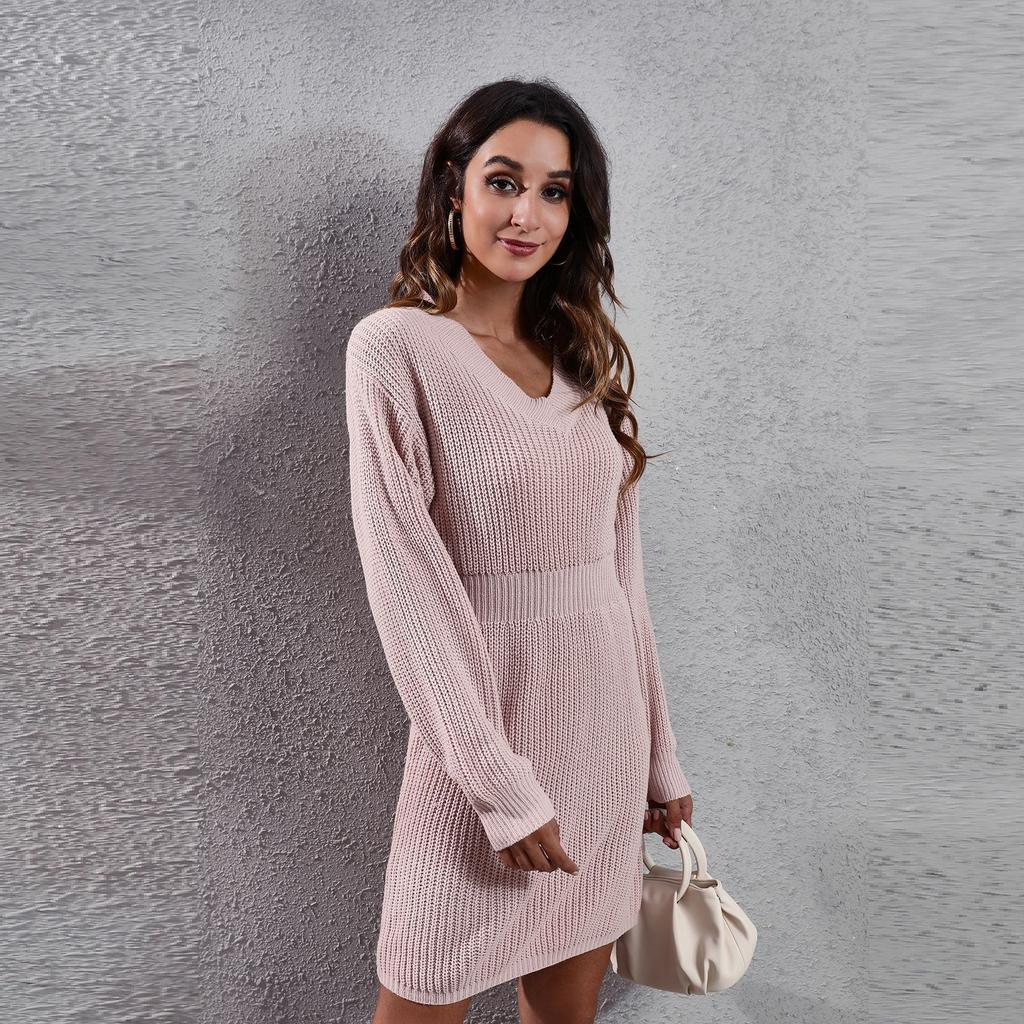 BITCED Платье-свитер с V-образным вырезом, заниженными плечами и длинными рукавами на талии, вязаное платье на весну и зиму