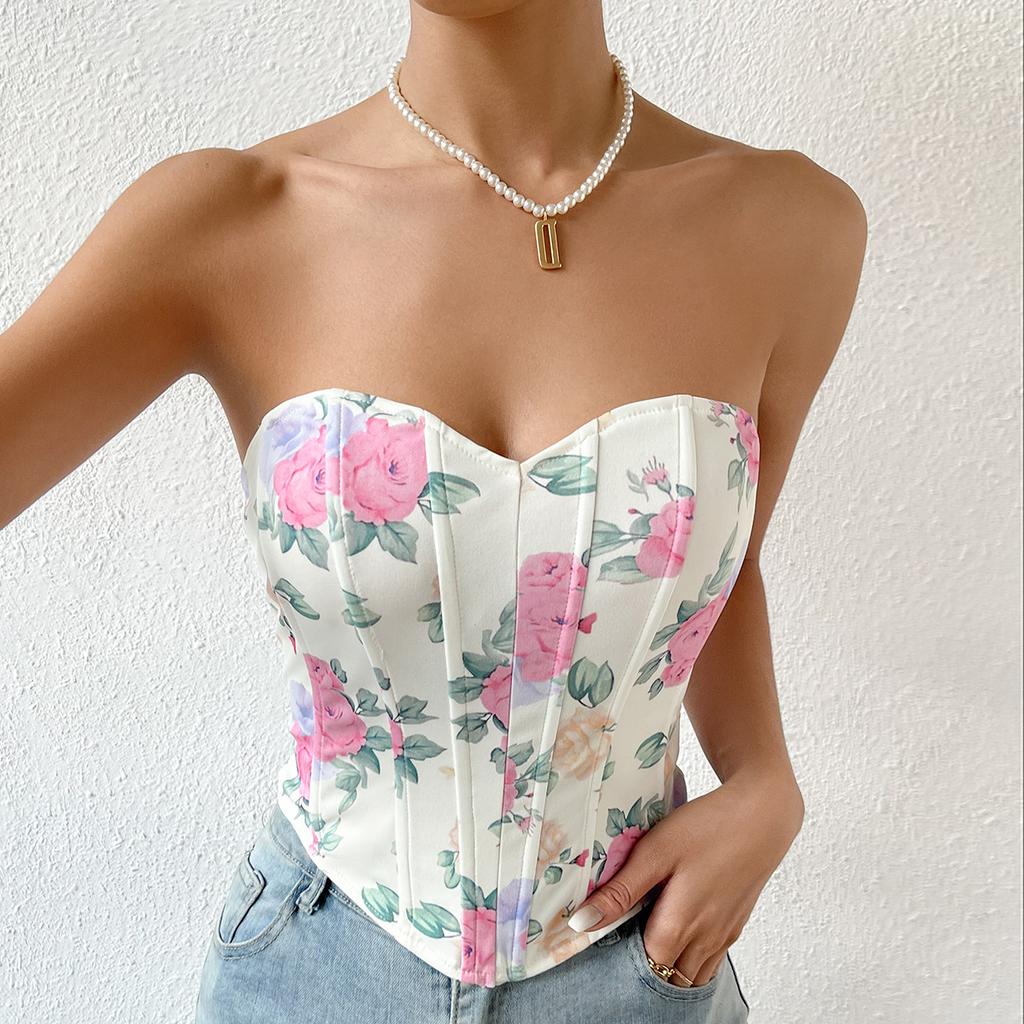 Women's Sexy Hottie Low Cut Backless Floral Wrap Diamond Fishbone Waist Tie Small Tank Top