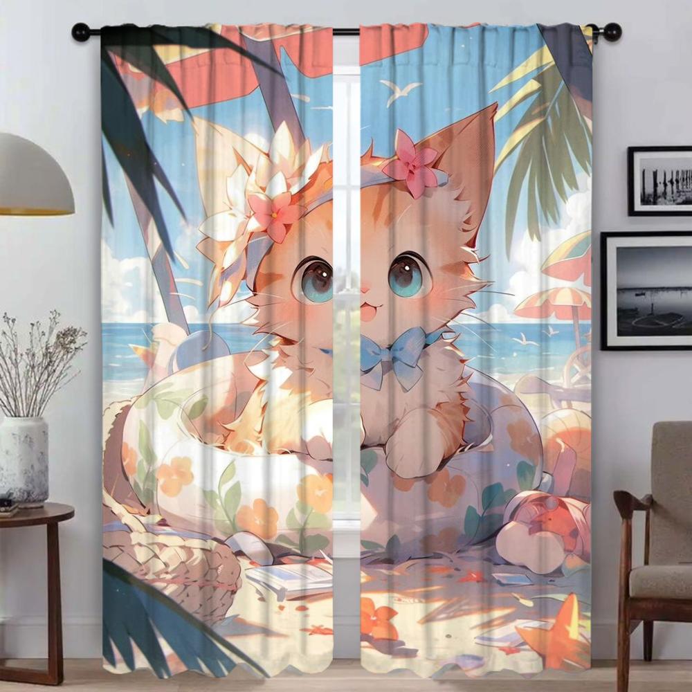 Anti-mosquito Curtains for Camera Cute Cartoon Cat Curtains Child Room Window Curtain for Room 2 Panel Partition Shades Living
