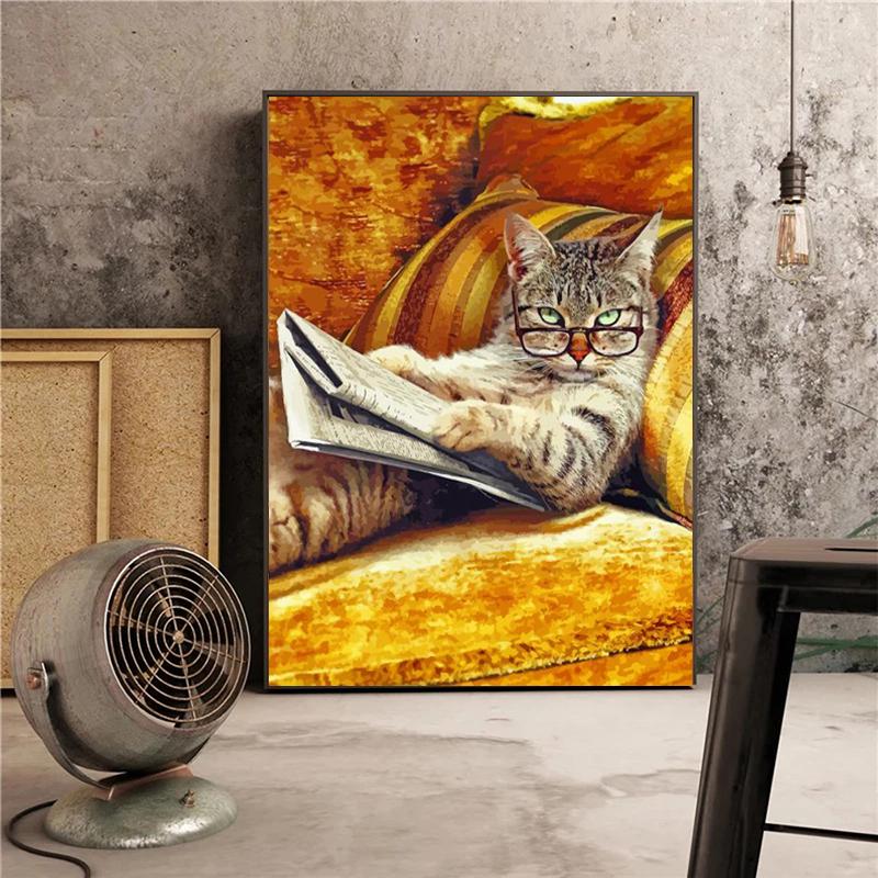 Абстрактное животное кошка читает газету холст живопись современные постеры и принты настенная художественная картина для декора стен гостиной Cuadros