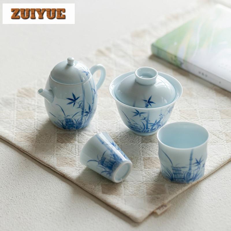 150ml Hand Drawn Blue Bamboo Gaiwan Aesthetic Tea Tureen Tea Bowl With Lid Kit Tea Maker Cover Bowl Cha Supplies Ornaments Gift