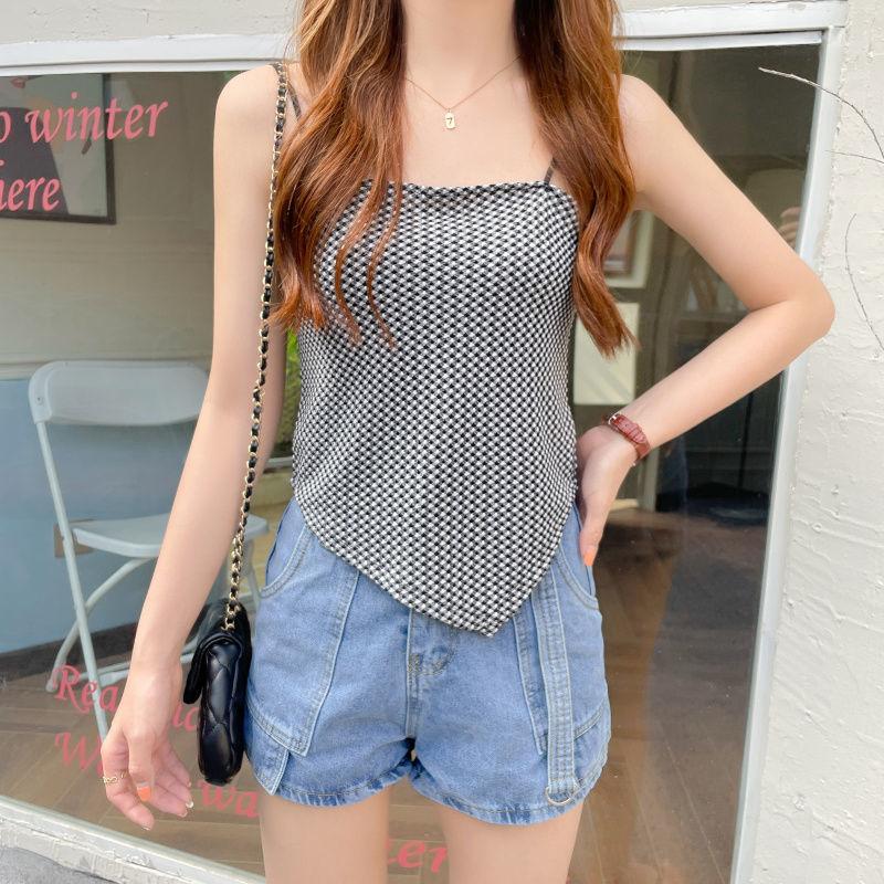 Летний короткий топ в клетку с открытым пупком, женский новый стиль, милый жилет внутри