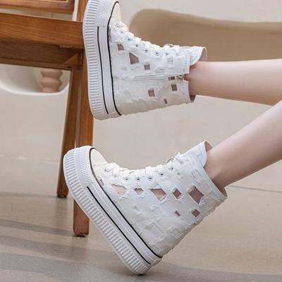 Интернет-знаменитость натуральная мягкая кожа толстая подошва внутренняя высота увеличивающая парусиновая обувь женская весна и лето сетчатая пряжа дышащая дырка маффин