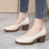 Genuine Leather Shoes Thick High-heeled Single Shoe Round Toe Retro Slip On Work Shoes Comfort Soft Soled Cowhide Women's Shoes