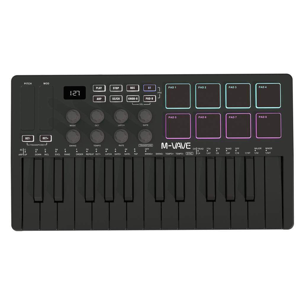 SMK-25 Key MIDI Controller W/8 RGB Pads/8 Assignable 360°knobs/Bluetooth 5.0/USB-B Type Interface/2000mAh Battery Powered