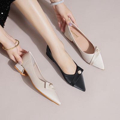 Жемчужные туфли-лодочки с острым носком, на толстом каблуке, темпераментные, на среднем каблуке, туфельки феи, легкие, весенне-осенние, больших размеров, женские туфли 41-43