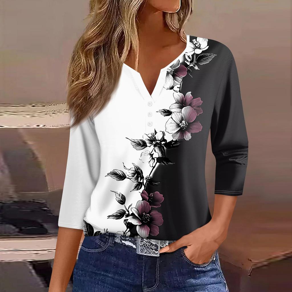 Жен. Футболка С принтом Пуговицы Рукав 3/4 Повседневные Выходные Мода Классический Классический V-образный вырез Обычный Верх