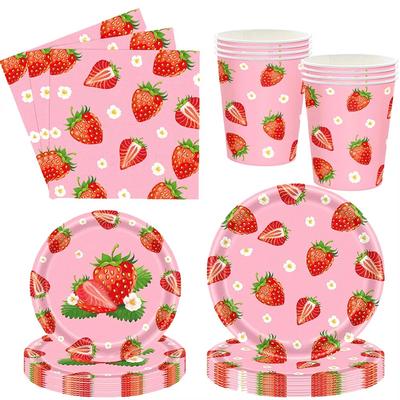 Strawberry Tableware Set Paper Plates Cups Napkins Kits For Summer Fruit Strawberry Party Birthday Decor Supplies Table Decor