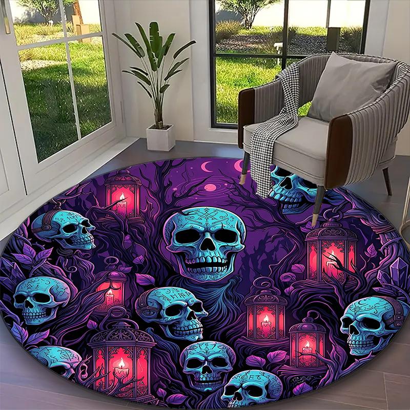 1pc Gothic Skull Cosmic Glow Rug, Comfortable Printed Home Round Carpet, Cozy Office Chair Rug