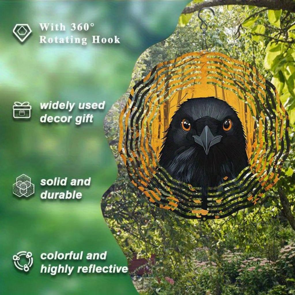 Metal Wind Chime with Crow and Autumn Leaves Design 360 Degree Spinning Hook Durable Outdoor Decor for Garden Patio Yard Indoor Hanging