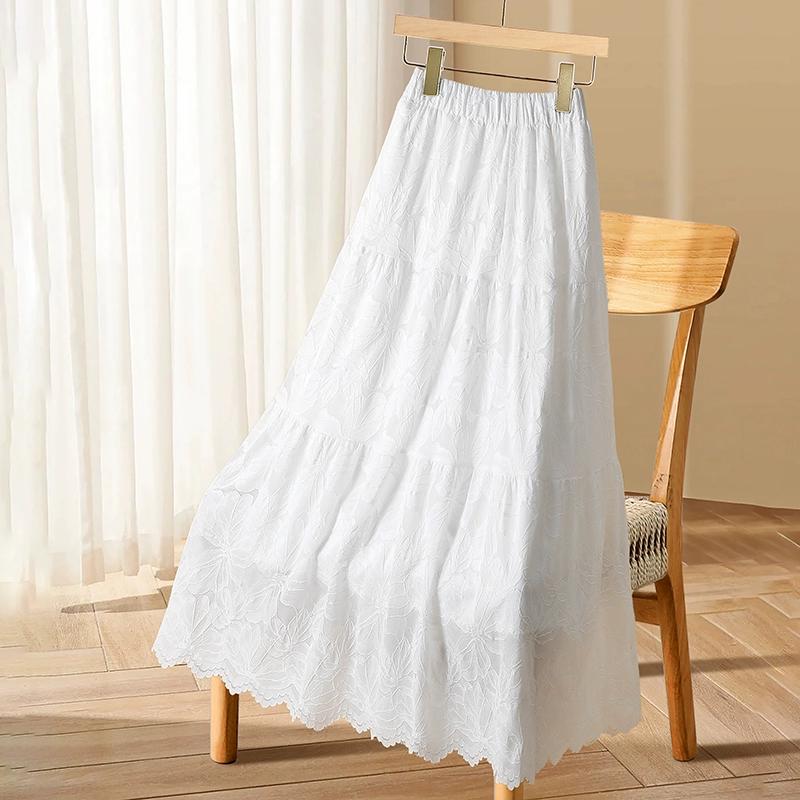 DIMANAF 2025 Лето Женские Белые Юбки Винтажные Эластичные Плиссированные Элегантные Длинные Юбки Новое Кружево Высокая Талия