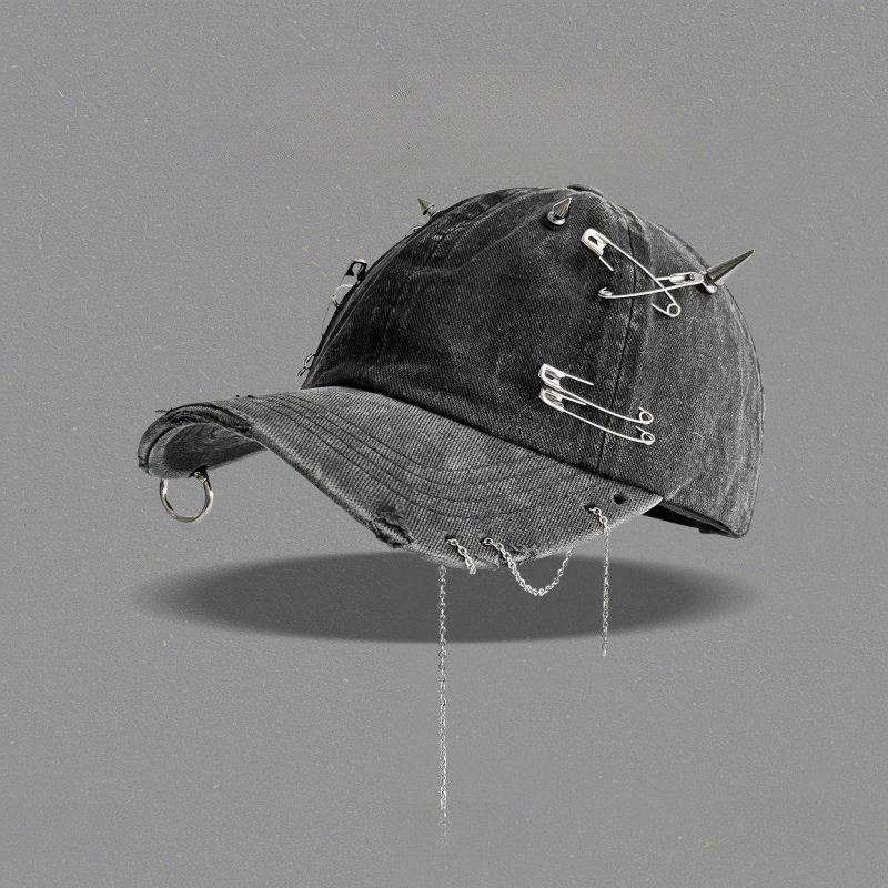 Punk Baseball Cap Rivet Safety Pin Chain Decor Washed Denim Hat Men Women Gothic Streetwear Adjustable Snapback Sun Visor Cap