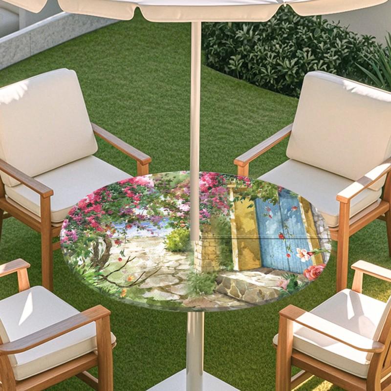 Outdoor Round Table Cover With Floral Print Oil Painting Style Waterproof Elastic Edge Patio Garden