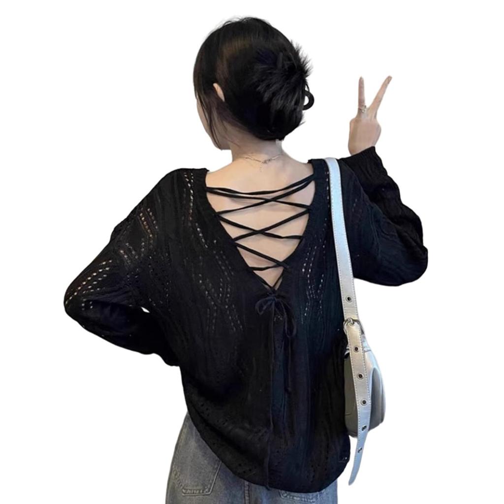 Gdnelhuonox Knit Mesh Pullover Openwork Knit Summer Loose Solid Women's Top, Knit, Fit, Sheer, Color, Casual, Elegant, Office, Spring/Summer