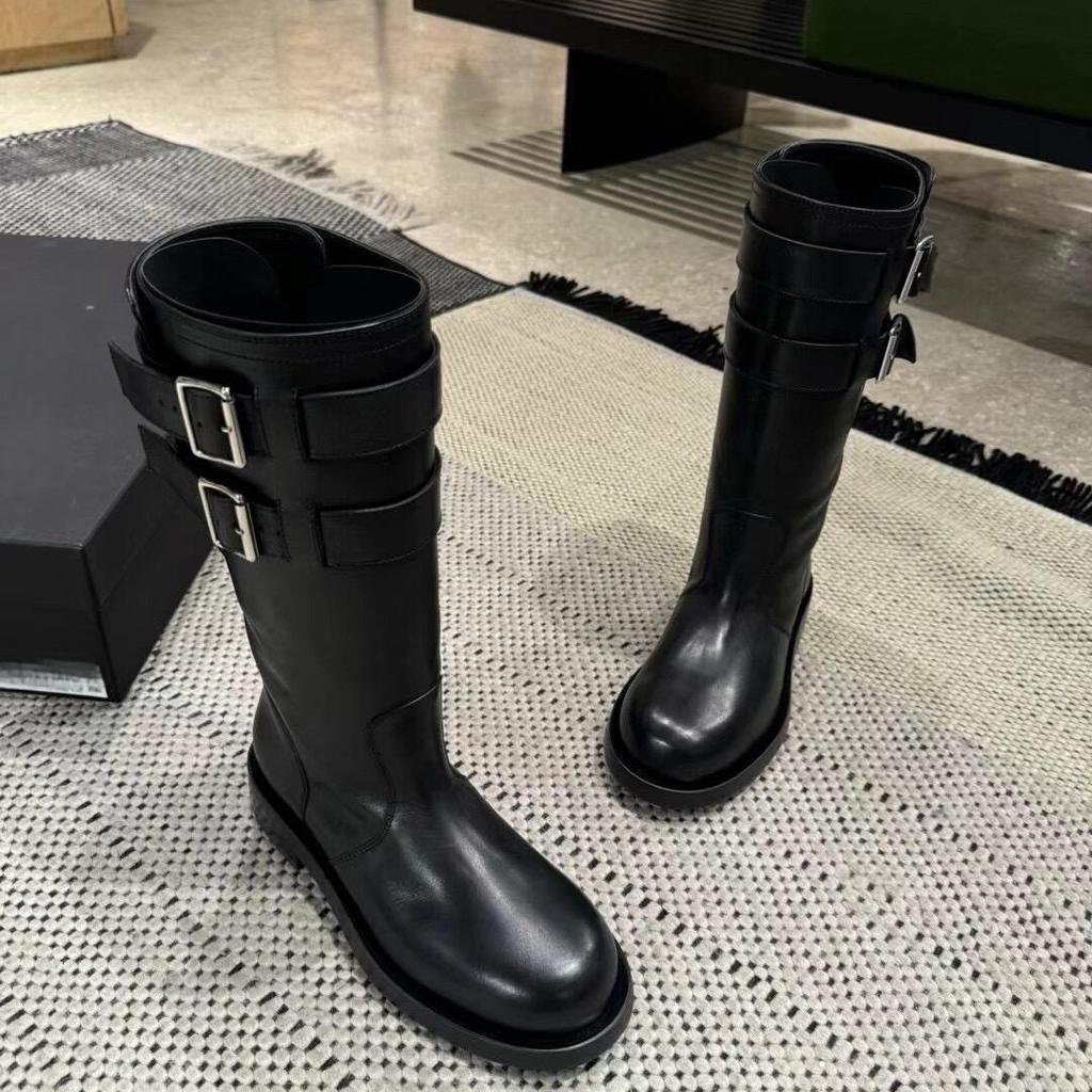 Cowhide Black Handsome Belt Buckle Low Heel High Tube Skinny Locomotive Boots Leather Boots Round Head Knight Boots Women's Boots