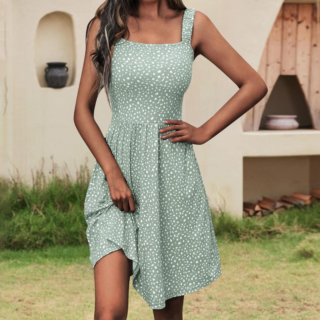 Women's Summer Casual Square Neck Dress With Pockets Cute Sleeveless High Waisted A-Line Vest Midi Dress
