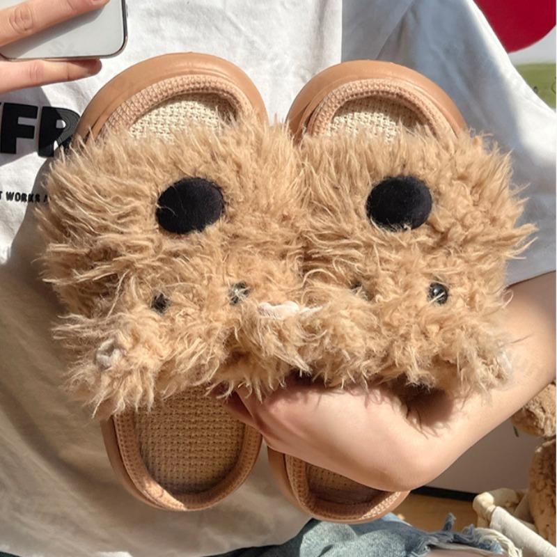 Модные женские тапочки Мультяшный пес Милые Домашние льняные тапочки Повседневные Удобная платформа Весна Осень 2025 Домашние парные Пушистые тапочки