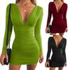 Women's V-neck Sexy Long-sleeved Short Skirt Solid Color High Waist Hip Dress