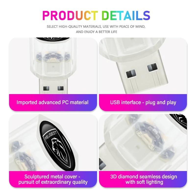 For Peugeot Car Mini USB LED Auto PC Computer Portable Light Plug Play 206 207 208 107 106 205 4008 301Z 607 108 807 407 508