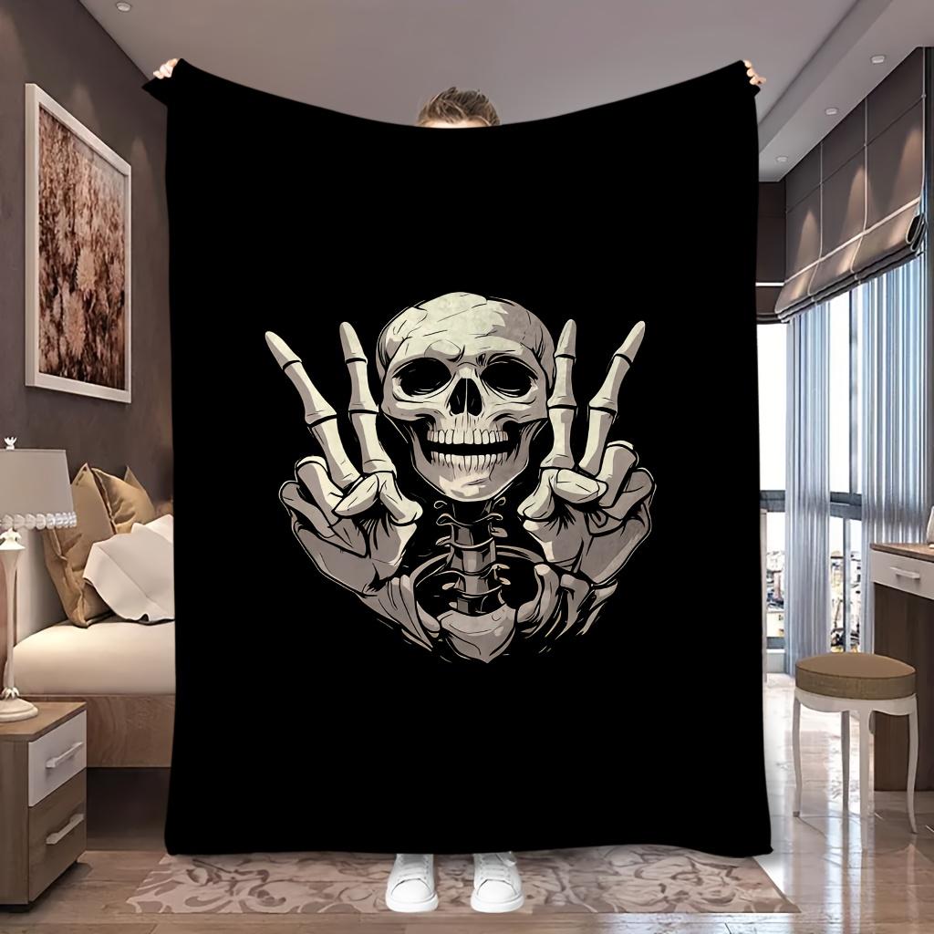 1pc Black Background Skull Rock Hand Gesture Print Flannel Blanket, Comfortable and Practical, Suitable for Blankets, Kid Bed Covers, Dormitory, Outdo