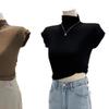 Женский черный приталенный топ из модального хлопка с полувысоким воротом и короткими рукавами