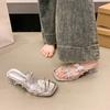 Fashion With Skirt Rhinestone Sandals and Slippers for Women in Summer New Square Toe Open Toe Bow Crystal Block Heel Pumps