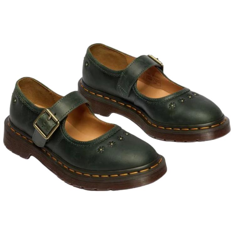 Dr. Martens Цветочные Mary Jane Кожаные Удобные Толстая Подошва Женская обувь Зеленый 42391300