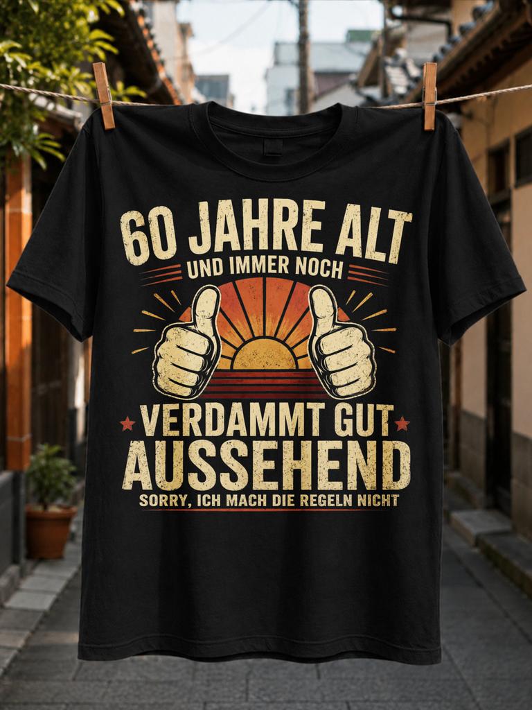 60 Jahre Alt Und Immer Noch Verdammt Gut Aussehend Lettering With Thumbs Up And Retro Sunset Theme Unisex All Tshirt