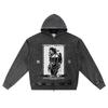DTG Print Knitted Denim Zip-Up Hoodie Angel Streetwear Brother Print Zipper Hoodies