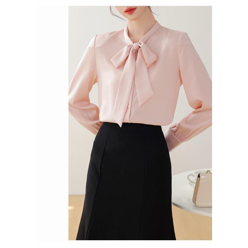 Модная элегантная женская рубашка с длинным рукавом и галстуком-бабочкой, весна-осень, свободная повседневная простая блузка больших размеров для офиса, женская одежда 2024 года, новая однотонная одежда 2585
