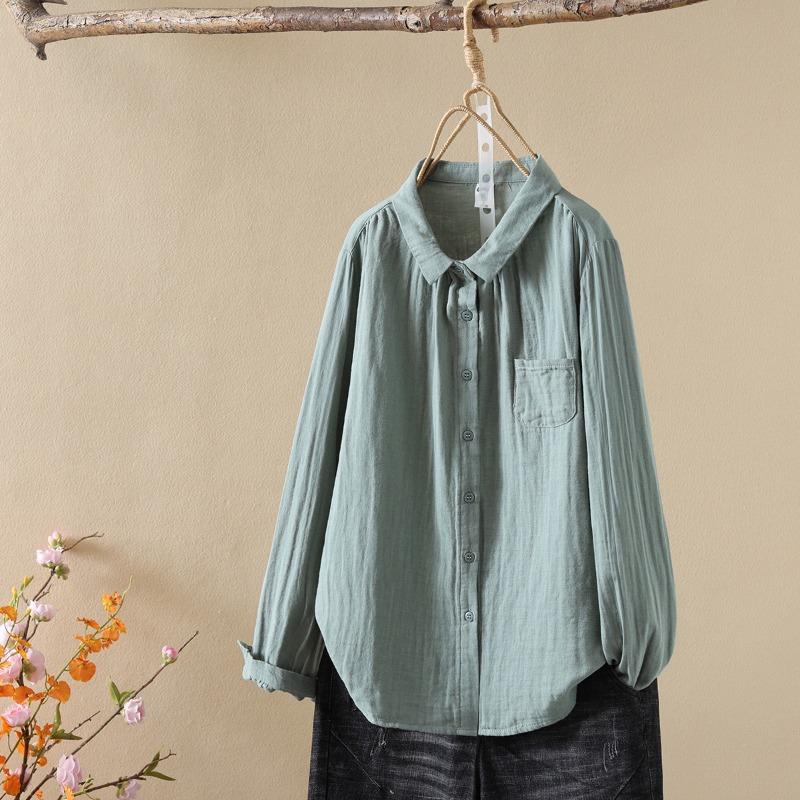 Двухслойная хлопковая пряжа с длинными рукавами, женская художественная рубашка с маленьким острым воротником, простая универсальная базовая рубашка, топ, блузки и рубашки
