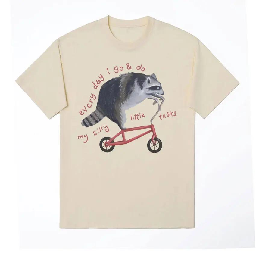 Funny Raccoon on Bicycle Meme T Shirts Men Women's Casual Vintage Cartoon T Shirt Summer Cotton Humor Short Sleeve T-shirts Tops