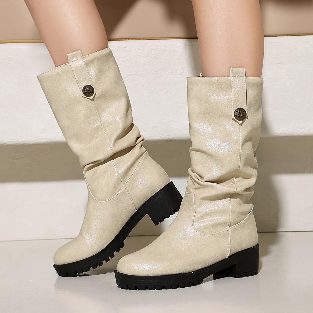 Women's Low-heeled Boots Autumn and Winter New European and American Thick-heeled Large-size Roman Medium Boots