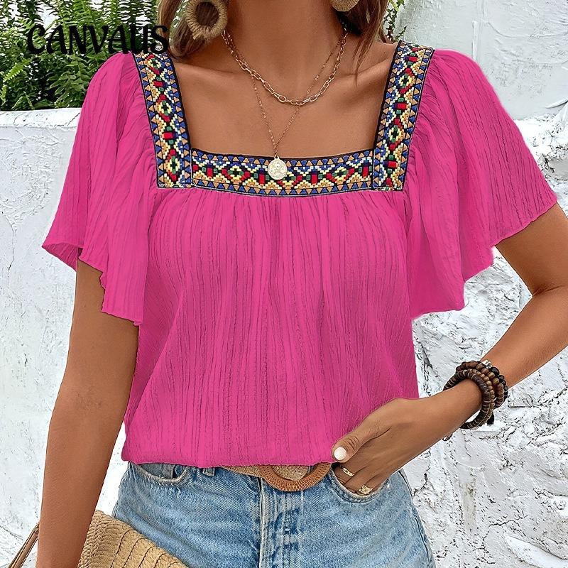 Женская летняя праздничная кружевная вышитая рубашка с квадратным вырезом, пуловер с оборками, короткий рукав, открытая спина, блузка