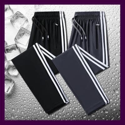 Новые летние свободные брюки из ледяного шелка с тремя полосками для мужчин и женщин, тонкие эластичные быстросохнущие спортивные повседневные брюки