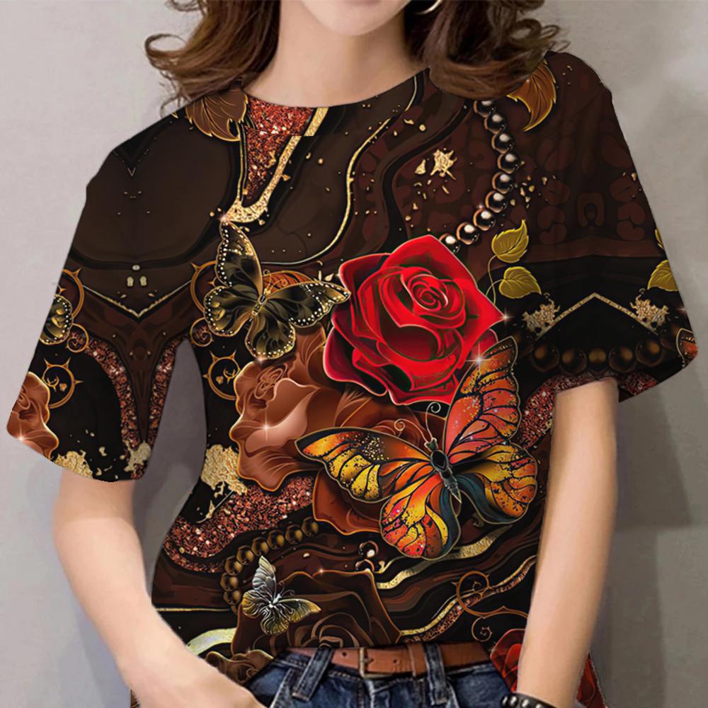 Luxury Women's T Shirt Floral Print Harajuku Clothes O Neck Casual Short Sleeve Tees Daily Y2k Blouse Oversized Tops