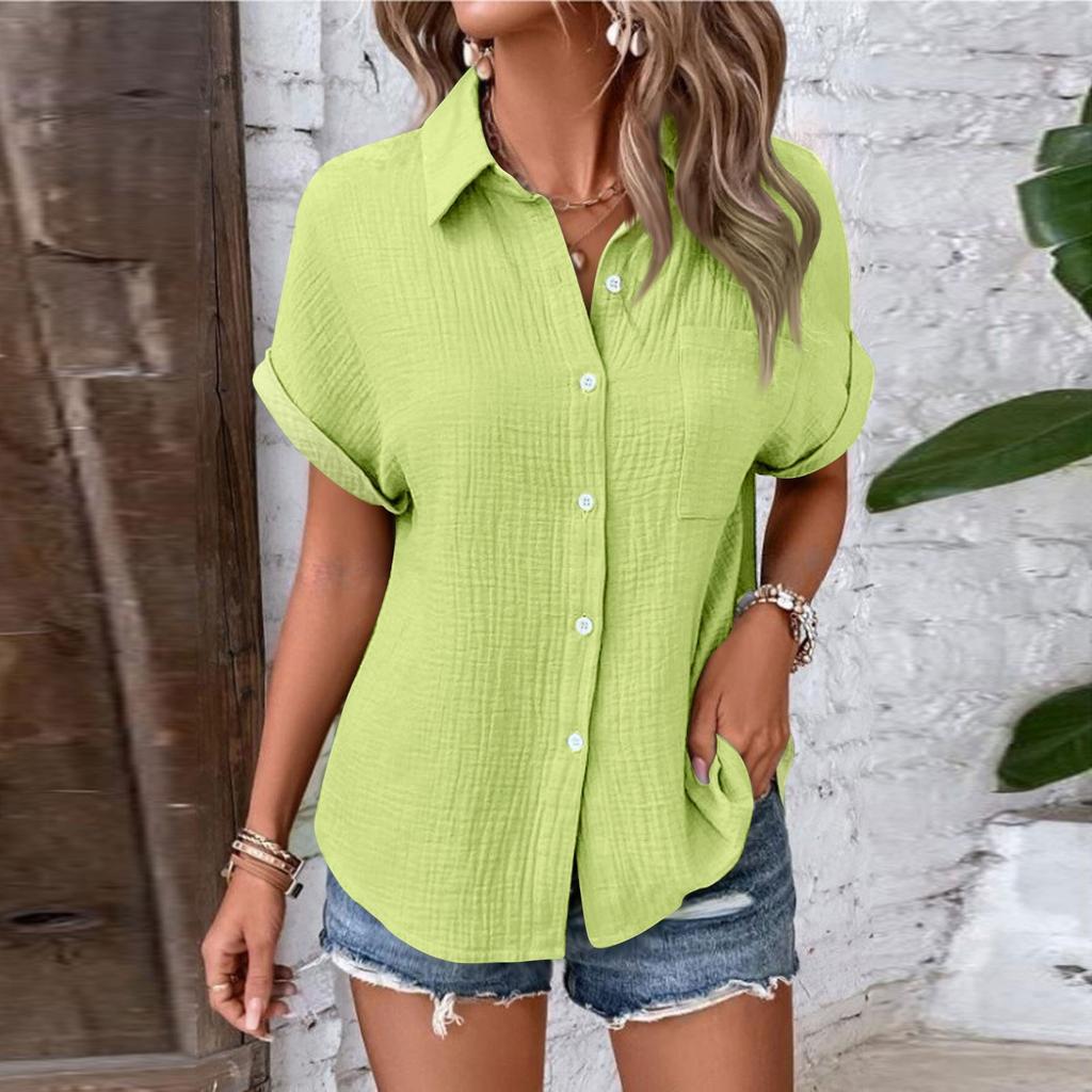 Женские рубашки на пуговицах с коротким рукавом, повседневная рубашка с воротником, свободные блузки, однотонные топы с карманом