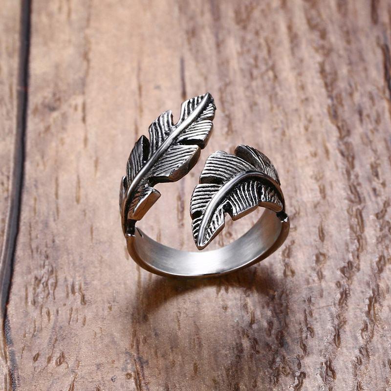 European and American Feather Leaf Open Ring - Retro Style for Men and Women, Trendy Couple's Tail Ring
