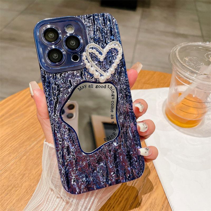 Роскошный чехол для макияжа с зеркальным принтом в виде камня и жемчужным сердечком для iPhone 15 Pro Max 14 13 12 Pro Max 11, универсальный защитный чехол от падения