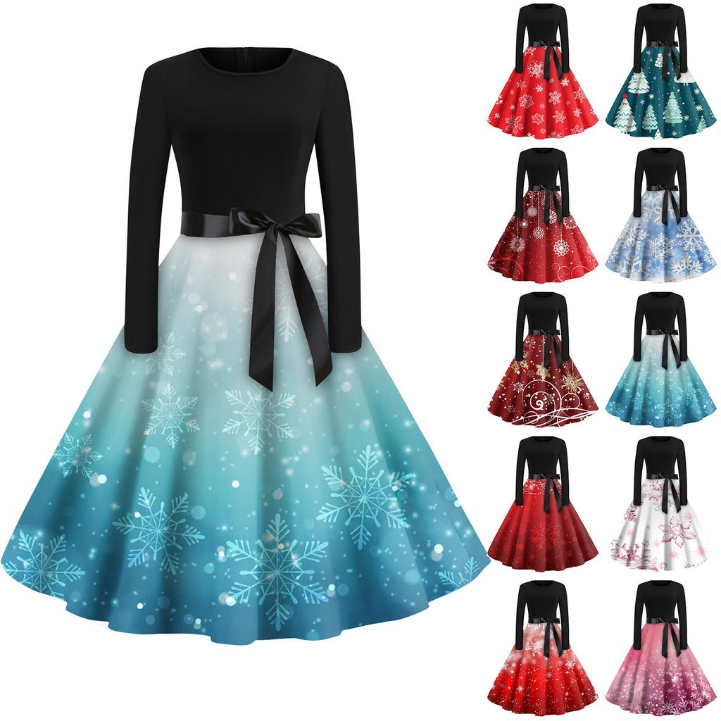 Женская мода с круглым вырезом, повседневные тонкие рождественские платья с длинным рукавом и принтом