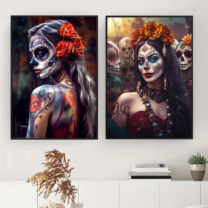 Праздничная и таинственная мексиканская девушка День мертвых Готические сахарные черепа Холст Картина Плакаты Печать Настенная картина Домашний декор