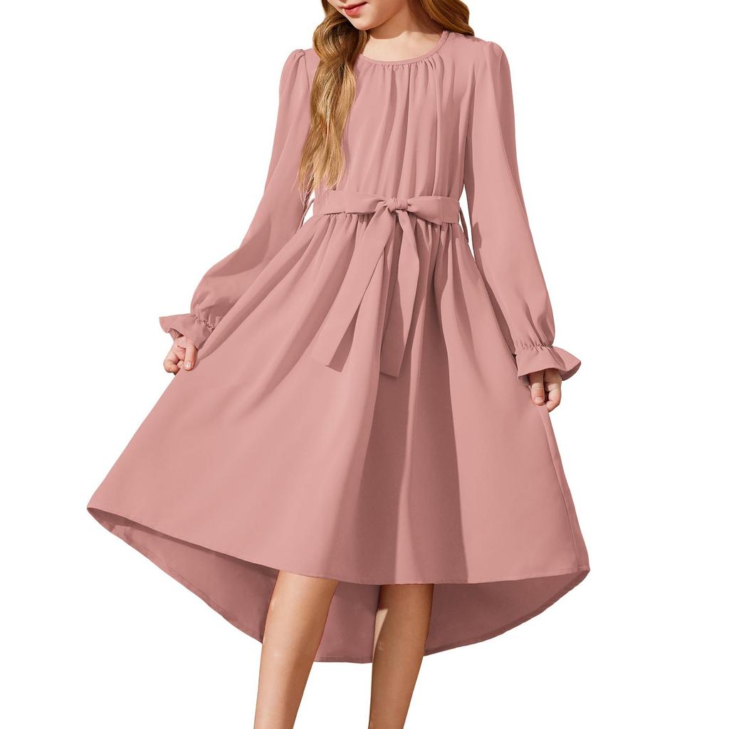 Girls' Long Sleeve Dress Belted Semi-Formal Party Dress