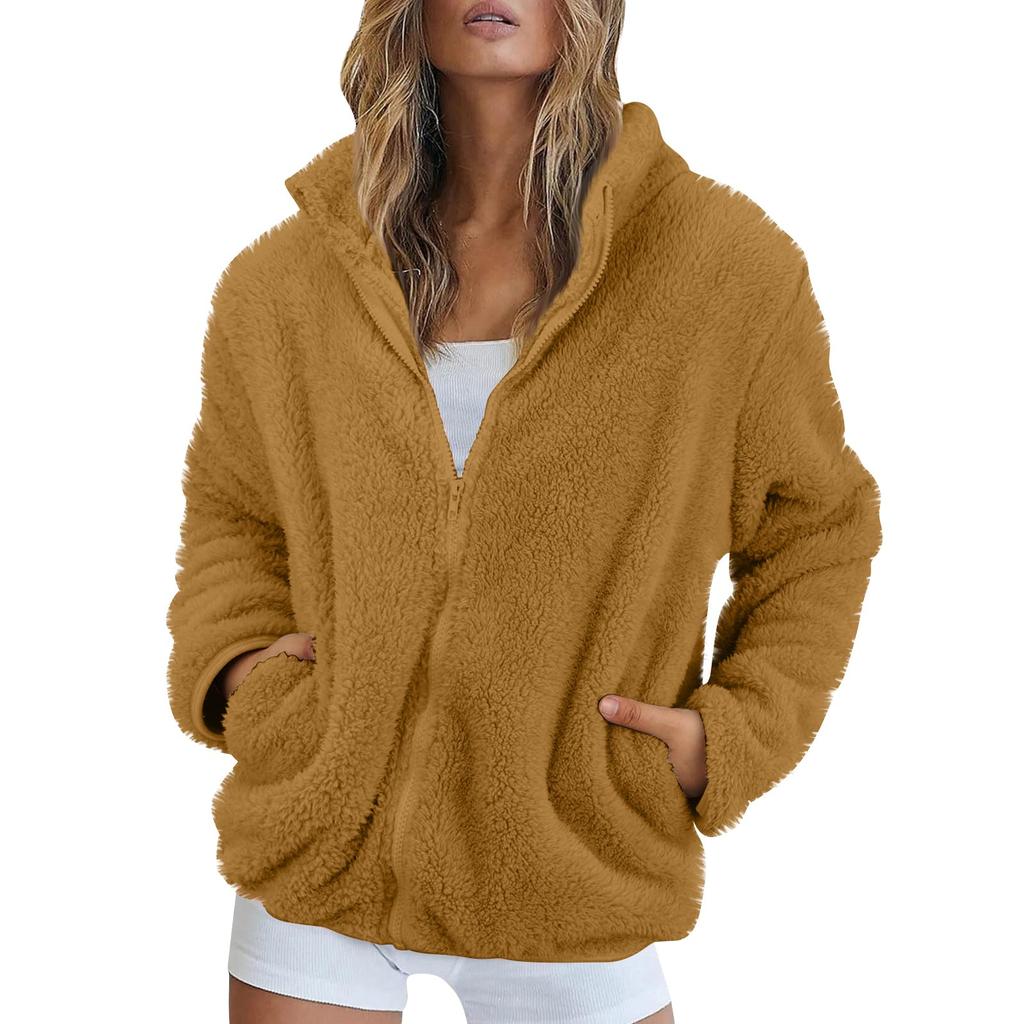 Women's Solid Color Fashionable Winter Loose High Neck Long Fleece Plush Warm Zipper Jacket