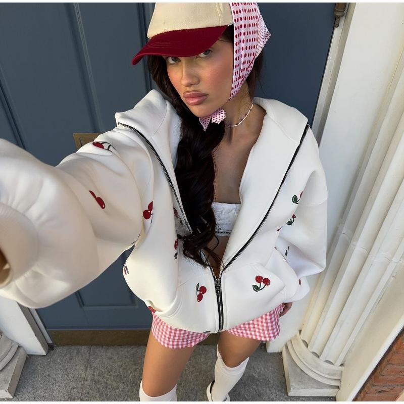 Женская модная белая толстовка с капюшоном с принтом вишни 2025 года, весна, женская свободная уличная толстовка с длинным рукавом и капюшоном на молнии