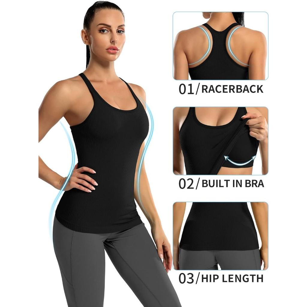 CHARMLEAKS Женские майки для тренировок в рубчик со встроенным бюстгальтером. Плотный спортивный топ с круглым вырезом и борцовкой.