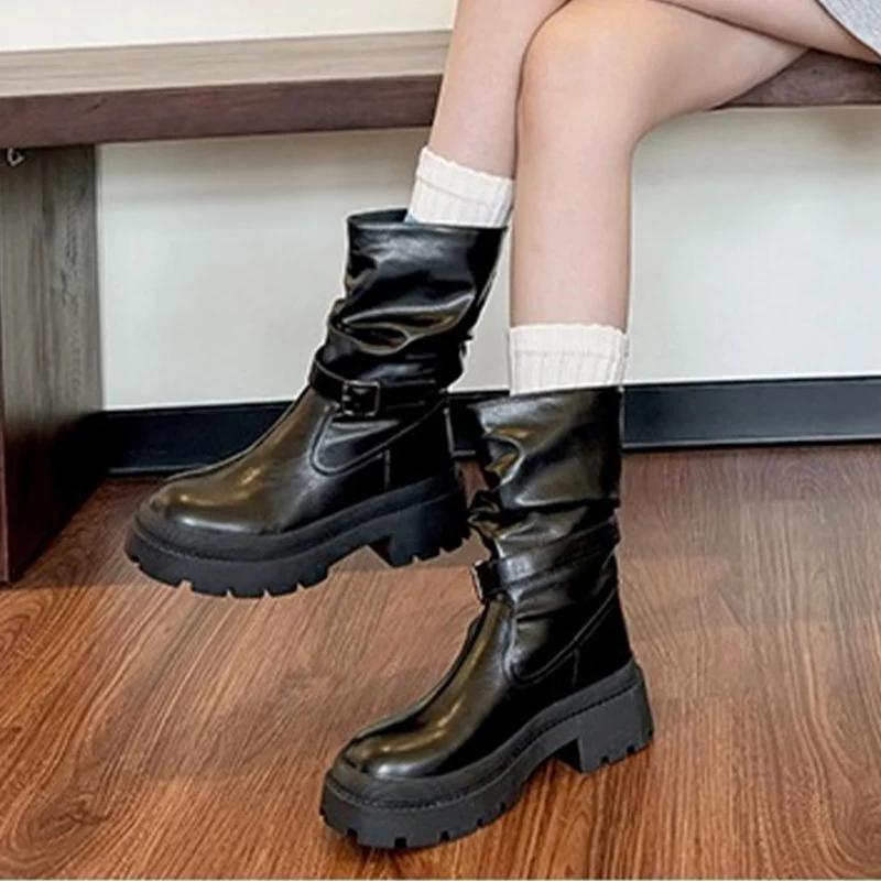 Платформа Женские Массивные Ботильоны Мода Средний Каблук Кожаная Обувь Новый Бренд 2025 Тренд Зима Готика Мотоциклетные Боты Женские