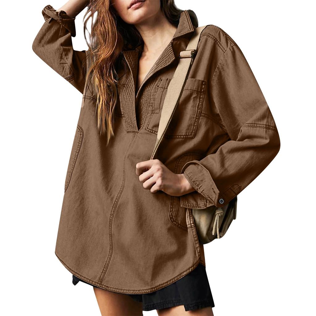 Women's Denim Pullover Casual Button V Neck Blouse Loose Fit Long Sleeve Jean Jacket With Pocket